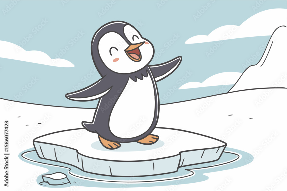 Fototapeta premium Cute cartoon penguin waving on ice floe animal wildlife