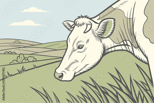 Cow grazing in a green field with rolling hills cattle