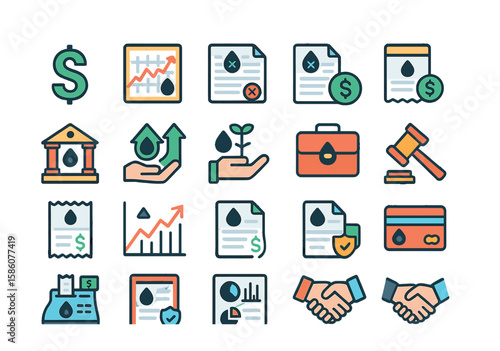 Petroleum industry finance and economy modern flat style. dollar sign, stock chart, contract, invoice, bank, investment, briefcase, auction hammer, receipt, market graph