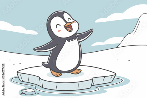 Cute cartoon penguin waving on ice floe animal wildlife