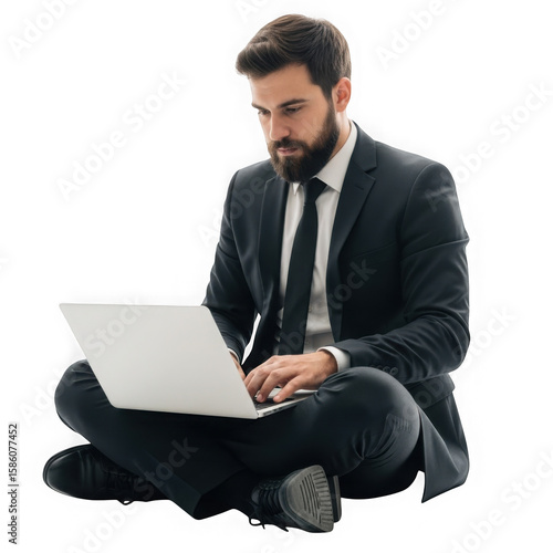 Focused businessman in suit working on laptop while sitting cross legged