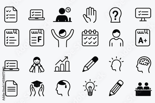 Checklist laptop person time hand question mark computer screen checklist grade f success calendar person grade a laptop person graph pencil head lightbulb
