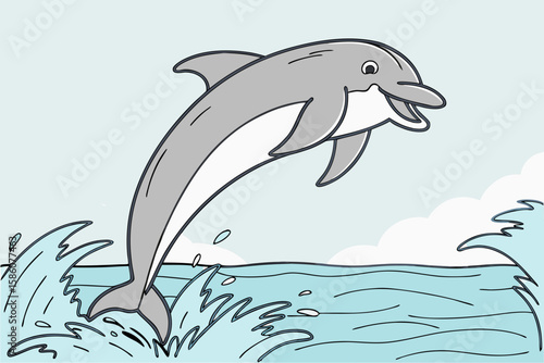 Gray dolphin leaping from blue ocean waves jumping