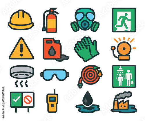 Petroleum safety and environment modern flat style. safety helmet, fire extinguisher, gas mask, emergency exit, hazard warning, spill containment, safety gloves, alarm