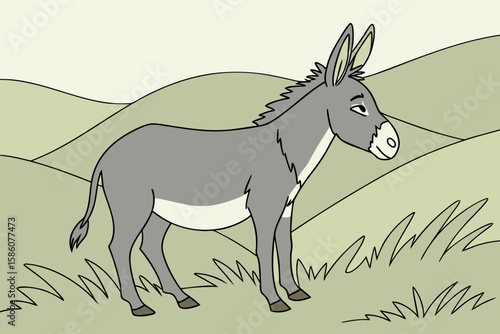 Gray donkey standing in grassy field with rolling hills