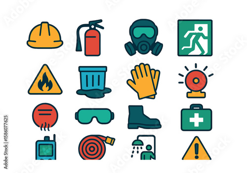 Refinery safety and environment modern flat style. safety helmet, fire extinguisher, gas mask, emergency exit, hazard warning, spill containment, safety gloves, alarm