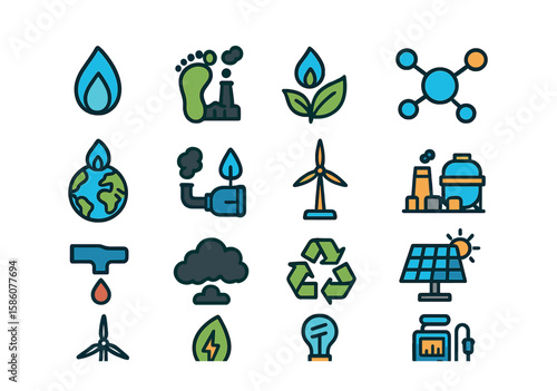 Gas energy and environment modern flat style. gas flame, carbon footprint, eco-friendly gas, methane molecule, earth with gas flame, emission control, renewable energy