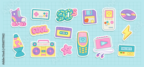 Retro electronic devices and gadgets of 80-90s, mobile phone, lava lamp, cassette player, cassette tapes, arcade game, music. Trendy symbols of 90's retro aesthetics. Vector set