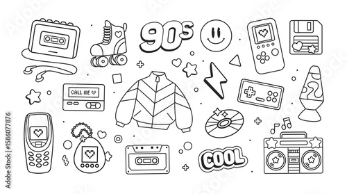 Retro electronic devices and gadgets of 80-90s, mobile phone, lava lamp, cassette player, cassette tapes, arcade game, music. Line art symbols of 90's retro aesthetics for coloring page