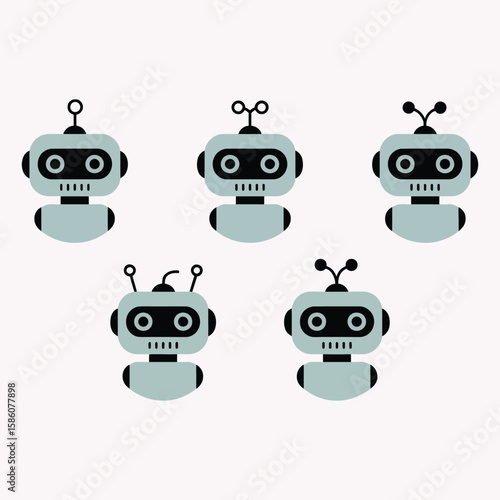 Five cartoon robots with round eyes and antennas illustration technology