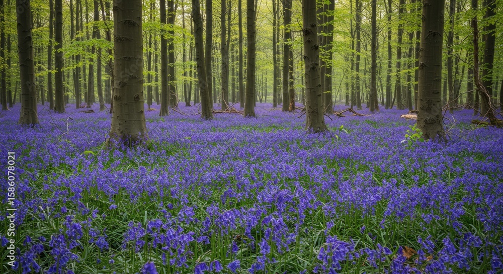 Obraz premium Enchanting Bluebell Forest: Serene Woodland Scene with Vibrant Purple Flowers