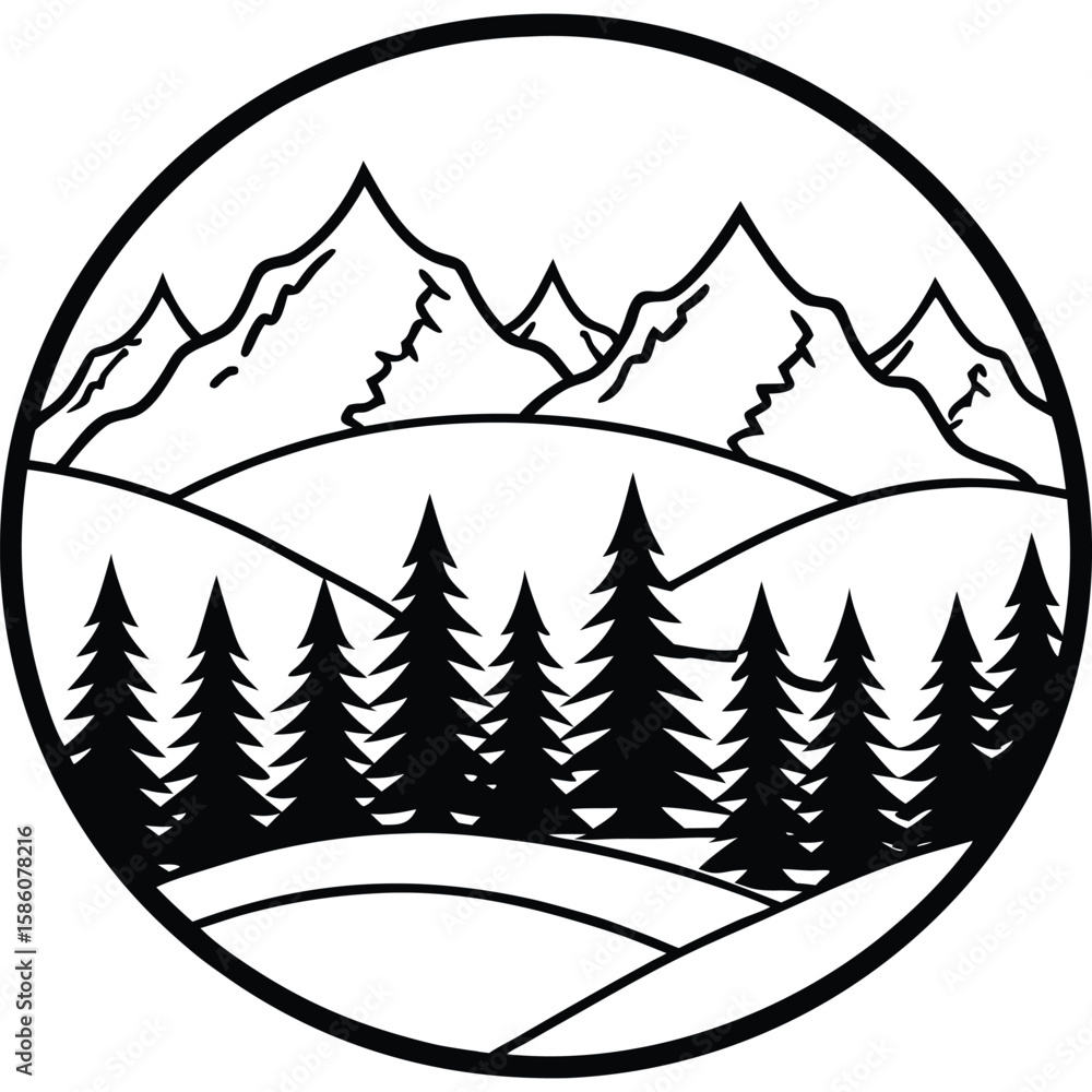 Obraz premium Vector art of a mountain landscape with trees is outlined in a circular frame