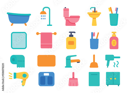 Bathroom essentials modern flat style. bathtub, shower, toilet, sink, mirror, towel rack, soap dispenser, toothbrush holder, toilet paper, bath mat, faucet, shampoo