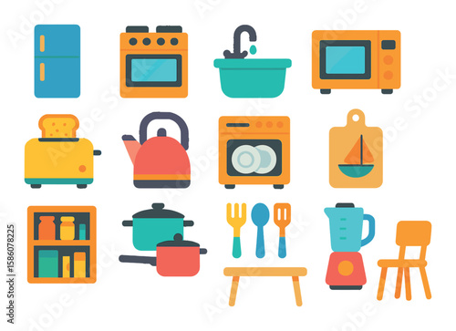 Kitchen room items modern flat style. refrigerator, stove, sink, microwave, toaster, kettle, dishwasher, cutting board, fridge magnet, pantry shelf, pots, pans, utensils