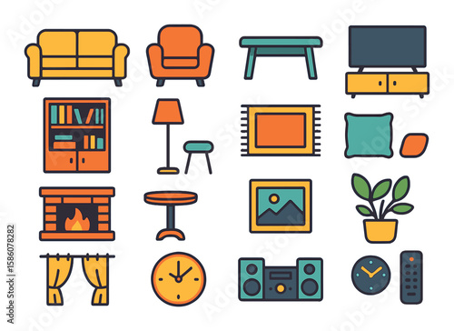 Living room furniture modern flat style. sofa, armchair, coffee table, TV, bookshelf, floor lamp, rug, cushion, fireplace, side table, painting, plant, curtain, clock