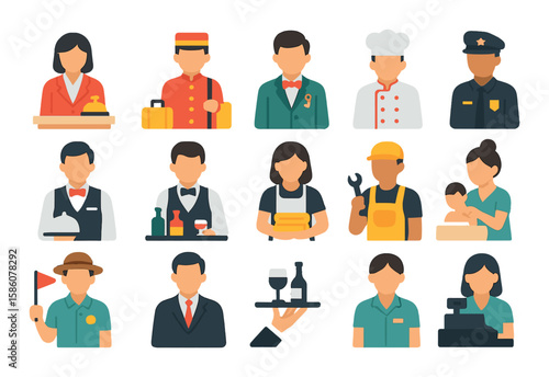 Hospitality staff roles modern flat style. receptionist, bellhop, concierge, chef, waiter, bartender, housekeeper, security officer, event coordinator, valet, maintenance