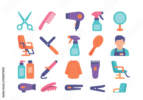 Cutting in hairdressing and beauty modern flat style. hair scissors, comb, hair dryer, mirror, barber chair, razor, spray bottle, hairbrush, shampoo bottle, curling iron