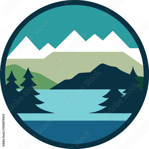 Wallpaper Mural Vector art of a scenic view of mountains and a lake surrounded by pine trees Torontodigital.ca