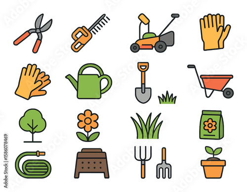 Cutting and trimming in gardening modern flat style. pruning shears, hedge trimmer, lawn mower, rake, gloves, watering can, shovel, wheelbarrow, tree, flower, grass, seed