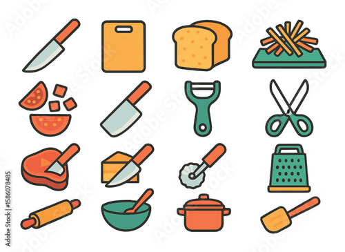 Food preparation cuts modern flat style. knife, chopping board, sliced bread, julienne vegetables, diced tomatoes, cleaver, peeler, kitchen scissors, slicing meat