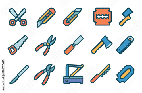Cutting tools and instruments modern flat style. scissors, knife, box cutter, razor blade, saw, pruning shears, chisel, axe, scalpel, wire cutter, guillotine, paper
