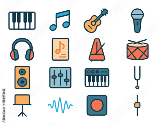 Music composition tools modern flat style. piano keyboard, music notes, guitar, microphone, headphones, sheet music, metronome, drum, speaker, audio mixer, synthesizer
