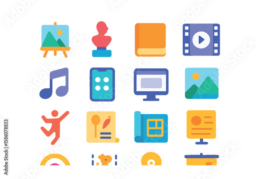 Creation outputs modern flat style. painting, sculpture, book, film, music note, app, website, photograph, dance pose, recipe, blueprint, article, logo, animation