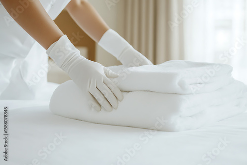 Housekeeping ensuring pristine rooms with freshly laundered white towels in a tidy stack, ready for guests to enjoy a clean and comfortable stay.