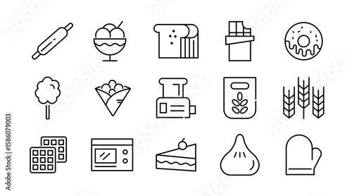 Bakery and sweets linear icon set. Dessert, food and drink, Chocolate, restaurant, pastry, muffin, food, fast food, happy birthday, cheesecake and cookies vector icon set. UI thin line icon pack