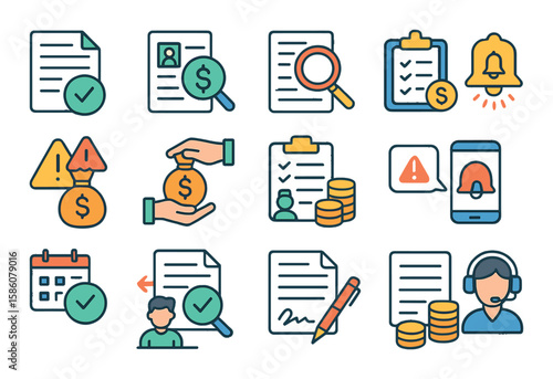 Lending process modern flat style. loan approval, credit check, document verification, risk assessment, loan disbursement, repayment plan, payment reminder, loan