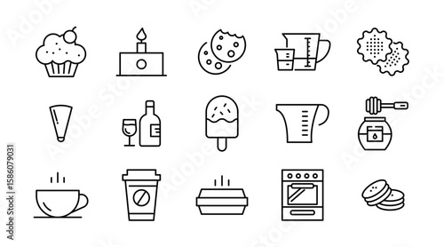 Bakery and sweets linear icon set. Dessert, food and drink, Chocolate, restaurant, pastry, muffin, food, fast food, happy birthday, cheesecake and cookies vector icon set. UI thin line icon pack