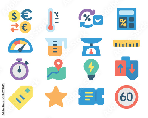 Conversion rates modern flat style. currency exchange, temperature scale, unit converter, percentage calculator, speedometer, volume measure, weight scale, ruler, timer