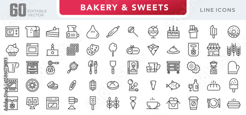 Bakery and sweets linear icon set. Dessert, food and drink, Chocolate, restaurant, pastry, muffin, fast food, happy birthday, cheesecake, and cookies vector icon set. UI thin line icon pack