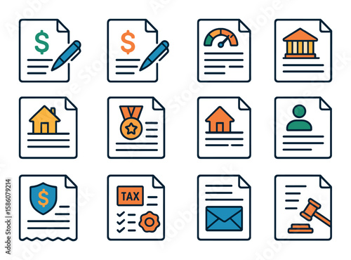 Lending documentation modern flat style. loan agreement, promissory note, credit report, bank statement, appraisal report, title deed, income verification, tax return