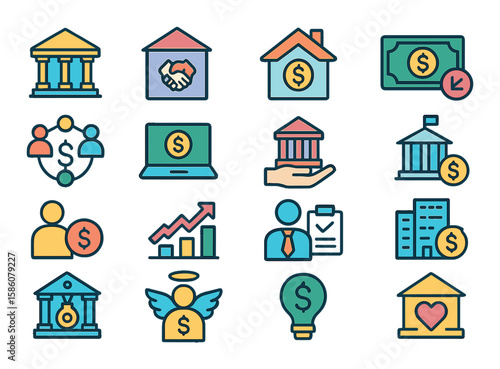 Types of lenders modern flat style. commercial bank, credit union, mortgage lender, payday lender, peer-to-peer lender, online lender, microfinance institution