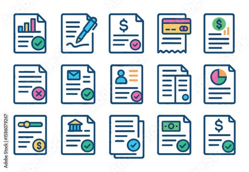 Credit score documentation modern flat style. credit report, loan agreement, payment receipt, credit card statement, dispute letter, credit bureau letter, identity