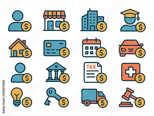 Debtor types modern flat style. individual, small business, corporation, student loan debtor, mortgage debtor, credit card debtor, payday loan debtor, auto loan debtor