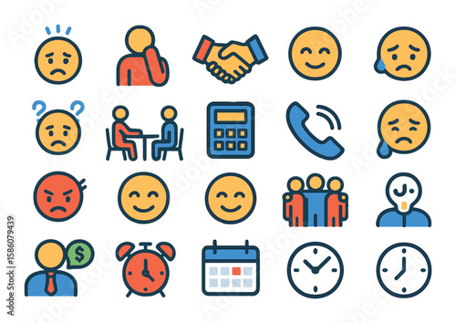 Debtor emotions and situations modern flat style. stressed face, worried person, handshake, relief smile, confused face, negotiation table, calculator, crying face, angry