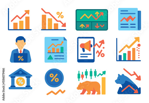 Interest rate trends and market modern flat style. graph uptrend, graph downtrend, stock ticker, news headline, market analyst, economy report, financial news, inflation
