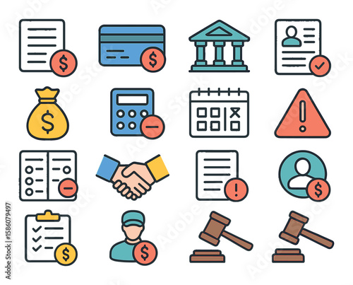 Debtor basics modern flat style. debt contract, credit card, bank building, loan application, money bag, calculator, repayment schedule, warning sign, balance sheet
