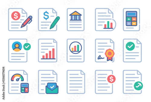Borrowing documentation modern flat style. loan agreement, promissory note, bank statement, tax document, ID verification, income proof, repayment schedule, payment