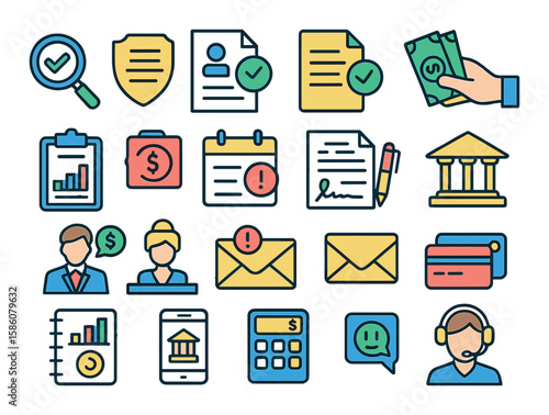 Borrowing process modern flat style. credit check, document verification, loan approval, disbursement, repayment plan, late fee, loan modification, legal contract