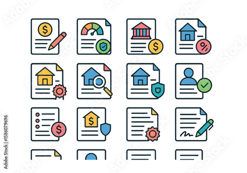 Mortgage documentation modern flat style. loan application, credit report, bank statement, tax return, property deed, title insurance, appraisal report, purchase