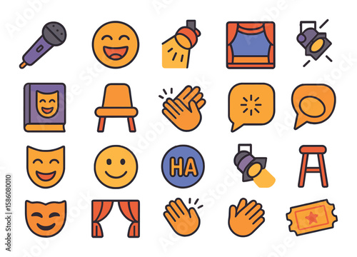 Comedy show modern flat style. microphone, laughing face, spotlight, stage, joke book, audience chair, clapping hands, punchline speech bubble, comedy mask, smiley face