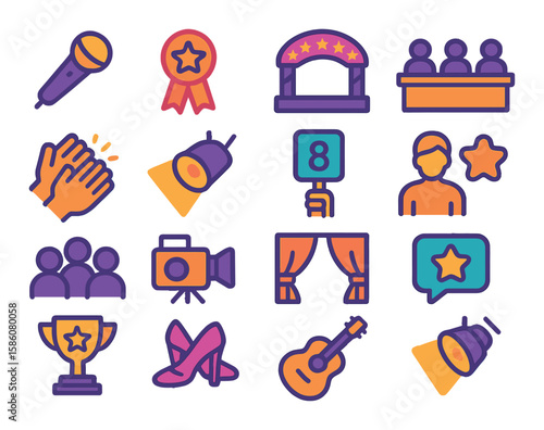 Talent show modern flat style. microphone, star badge, stage, judge’s table, applause hands, spotlight, scorecard, contestant, audience, camera, curtain, feedback speech