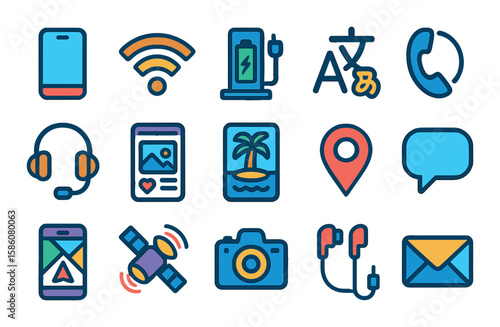 Travel communication and connectivity modern flat style. smartphone, Wi-Fi signal, charging station, language translator, headset, social media post, travel blog, GPS pin