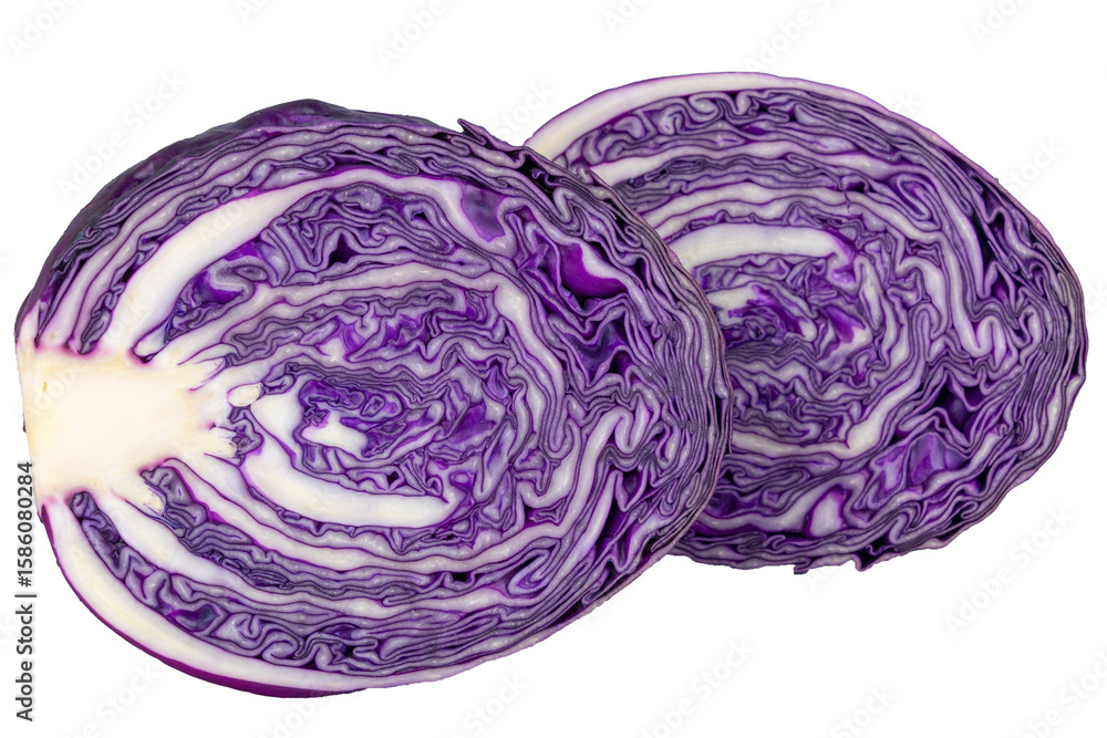 Obraz premium Close-up of freshly cut purple cabbage halves displaying intricate patterns. Isolated object.