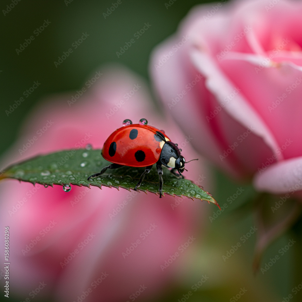 Fototapeta premium Ladybug enjoying morning dew on leaf near a vibrant rose, macro photography.