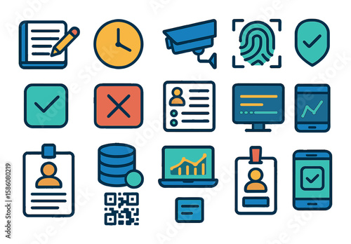 Entry data and logs modern flat style. entry logbook, timestamp, security camera, fingerprint scan, access granted, access denied, attendance sheet, digital log