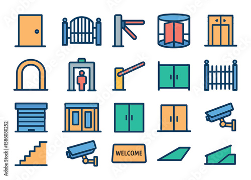Physical entry points modern flat style. door, gate, turnstile, revolving door, entrance arch, security checkpoint, barrier, elevator door, garage door, lobby entrance